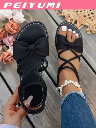 PEIYUMI Women's Fashion Sandals, Elegant Bow And Criss-Cross Strap Design, Comfortable And Versatile, Suitable For Various Occasions, Multiple Color Options