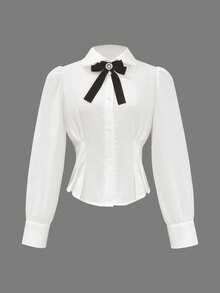 女士白色蝴蝶结衬衫，甜美学院风蕾丝拼接上衣，圆领短款衬衫，适合办公室和休闲场合，春夏款 - 白色 - 查看 7