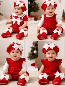 1pc Little Girl Bow Hat + 1 Pair Bow Socks Combination Baby Girl Beret Hat,Bow Beret Hat Baby Girl Fall Dress Baby Girl Winter Clothes Holiday Anniversary Celebration Day Decoration Christmas Decoration Red Accessories Christmas Gifts