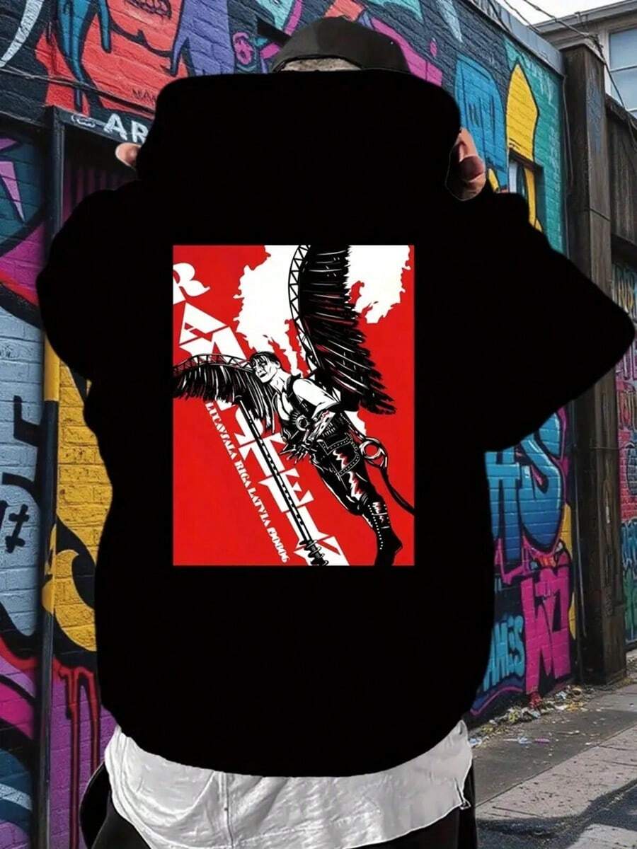 Back Panel Band Pattern Hoodie, Dark Angel Wings Creative Back Print Men's Fashion Hooded Sweatshirt, Casual Y Style Pullover For Autumn And Winter,Fall Hoodies,Men's Fall Clothes,Street Wear,Halloween,Mens Hoodies,Y2k Clothes,Jesus Hoodie,Thanksgiving Day,Nightmare Before Christmas,Christmas - Black - View 1