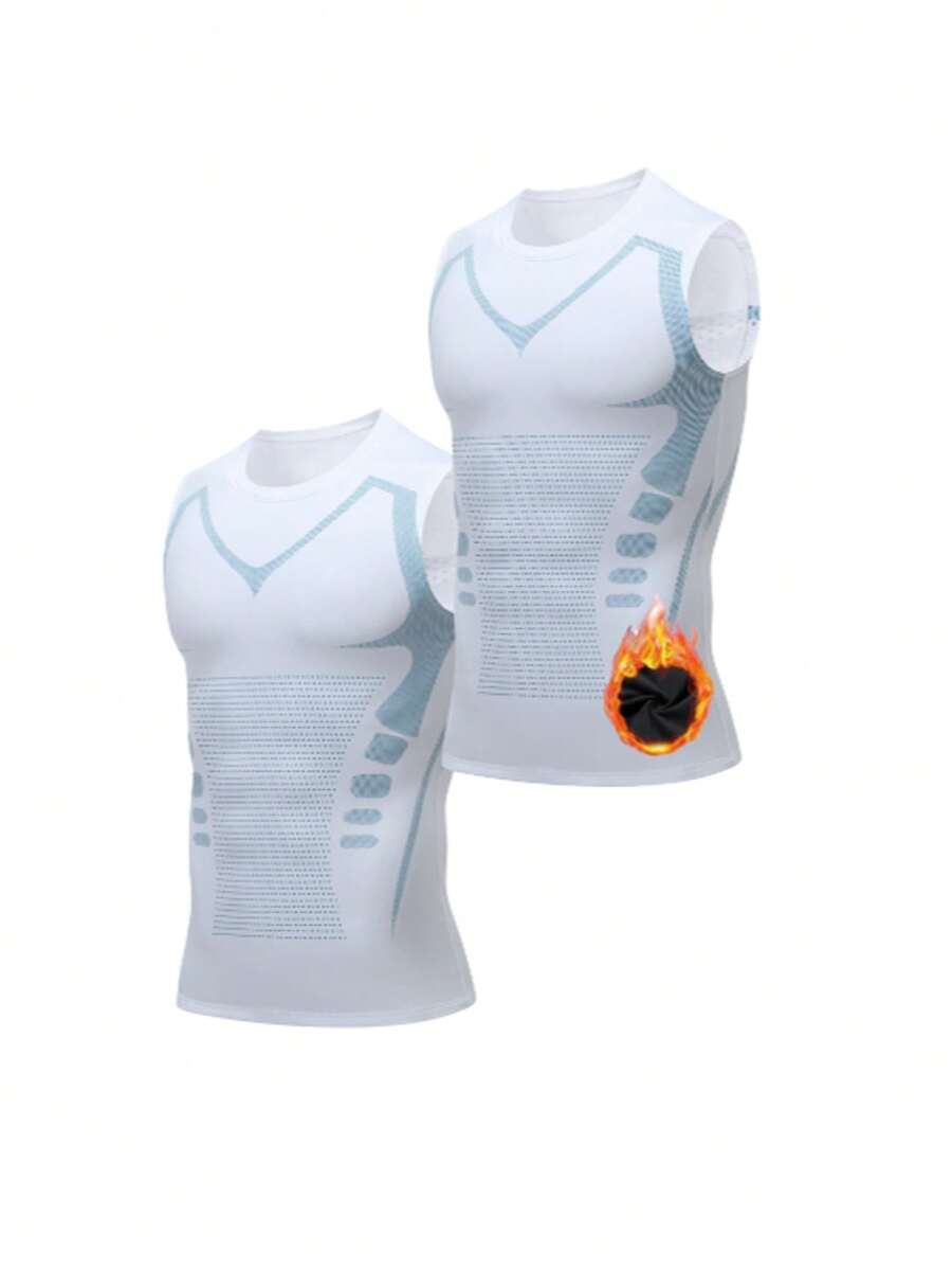 2 Packs Of Men's Thin Fleece Compression Shirts, Shaping Sleeveless Vests, Suitable For Running, Sports And Exercise Base T-Shirts - White - View 1