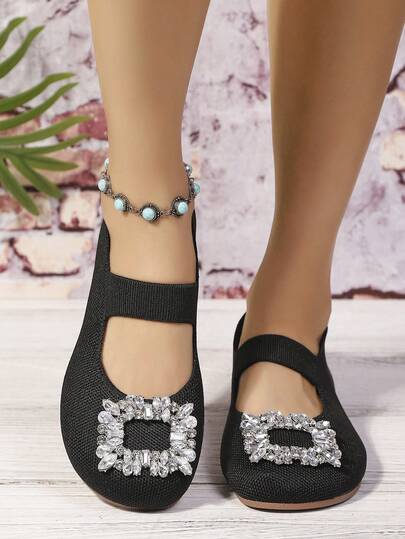 1 Paio di Eleganti e Comodi Ballerine Mary Jane con Cristalli e Punta Tonda per Donna, Primavera/Autunno