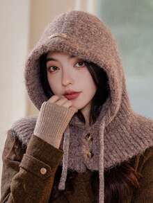 1pc Women Solid Color Fuzzy Balaclava Hat, Winter Warm Windproof Ear Protection Thicken Knit Cap, Cute, Casual, Elegant, Retro, Streetwear, Versatile, Fits Large Head, Suitable For Outdoor, Skiing, Cycling, Travel, Party, Daily Use