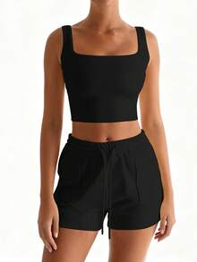 XLLAIS Áo hai dây crop màu đen gợi cảm, áo hai dây cổ vuông thời trang, co giãn, ôm sát, thích hợp mặc thường ngày cho nữ mùa hè. - màu đen - Xem 3