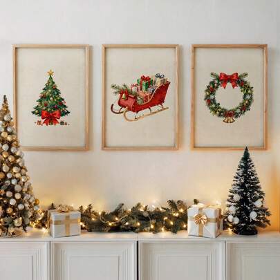 3pcs Vintage Christmas Watercolour Wall Art Picture Vintage Festive Canvas Print Paintings|Winter Holiday Decor For Bedroom, Living Room, Or Office Home Decor,Christmas Tree Poster, Christmas Gift For Her,Unframed Christmas Decoration XMAS Decor Christmas Tree Gift Decor Thanksgiving Wedding Home Decor Home Decor Fall Decor Autumn Decor Birthday Decorations For Gifts Party Supplies Indoor Holiday Festival Decor Halloween Decor Wall Decor Halloween Ornaments