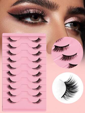 10 Pairs Natural Look False Eyelashes, Delicate & Thick Cat Eye Lashes, Short Wispy Corner Lashes, 3/4 Reusable Lash Extension, Natural Criss-Cross Lashes To Elongate & Enlarge Eyes, Suitable For Daily, Holiday, Party Makeup