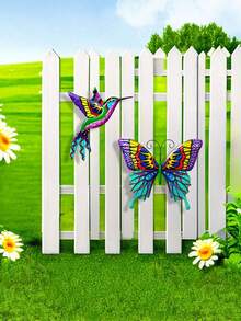 户外花园装饰蝴蝶和蜂鸟，彩色金属装饰品，适用于庭院、草坪、露台、栅栏和花园墙壁，是送给自然爱好者的完美礼物，也是理想的花园墙面装饰品。 - 彩色 - 查看 3