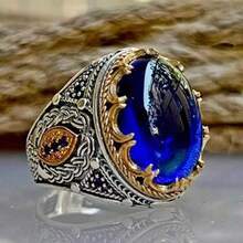 Men's Inlaid Blue Gemstone Carved Ring Vintage Men's Ring High-End Inlay - Màu xanh lam - Xem 8