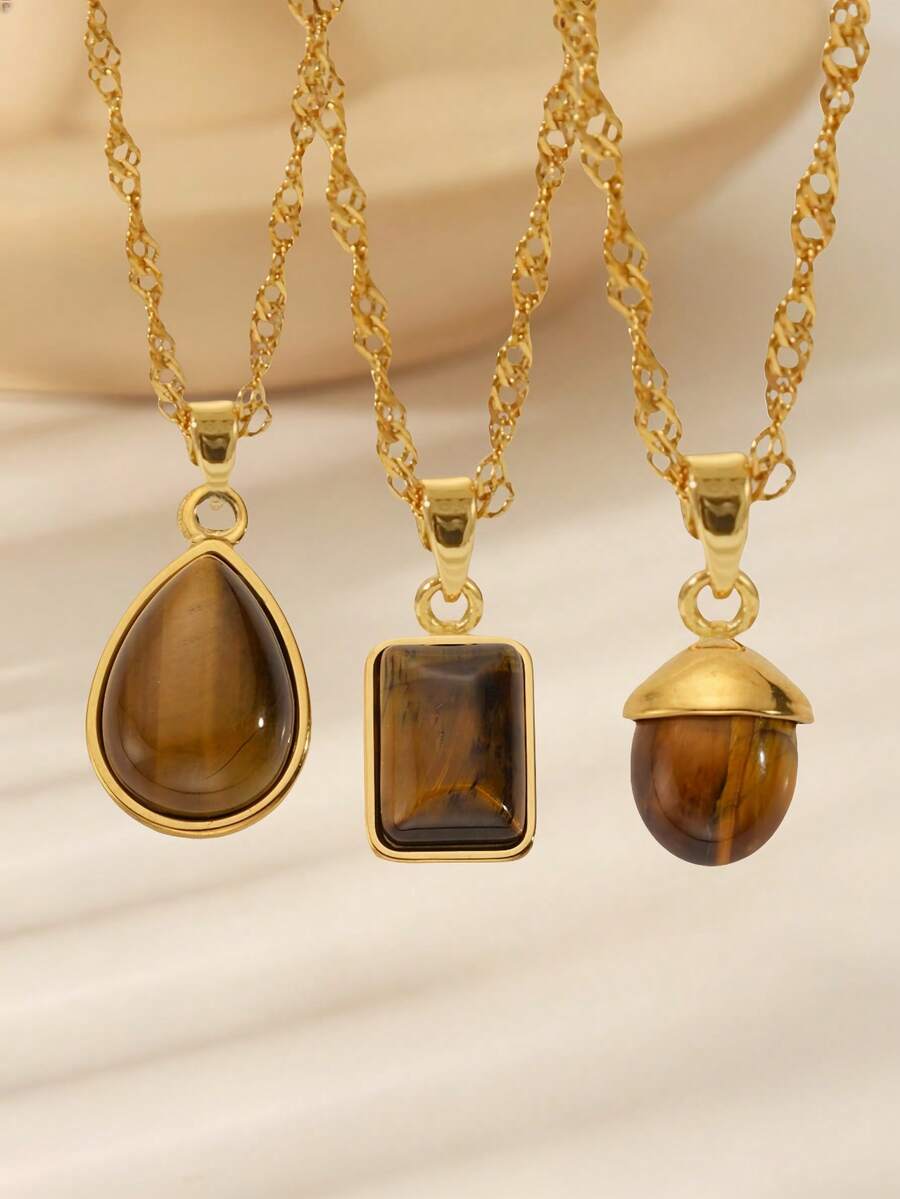 1 pieza Collar con colgante de acero inoxidable con gema vintage marrón, colgante geométrico rectangular ovalado de ojo de tigre, cadena de clavícula adecuada para uso diario y festivales o como regalo de joyería para mujeres - Marrón - Ver 1
