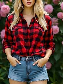 女士格子印花休闲长袖衬衫 - 紅色 - 查看 1