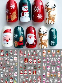 3D Weihnachtsmann Elch Nagelkunst Aufkleber Abziehbilder selbstklebend Feiertage Kinder süß rot weiß Schneeflocke Kiefer Baum Elch Nagel Zubehör Nagelkunst Design Dekorationsaccessoires Nägel - Verschiedenfarbig - Übersicht 3
