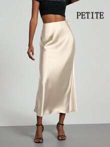 SE-HORE Women's Fashion Commuter Versatile Petite Version Elastic Satin Texture Skirt, Suitable For All Seasons - Beige