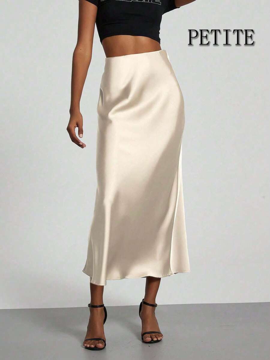 SE-HORE Women's Fashion Commuter Versatile Petite Version Elastic Satin Texture Skirt, Suitable For All Seasons - Beige