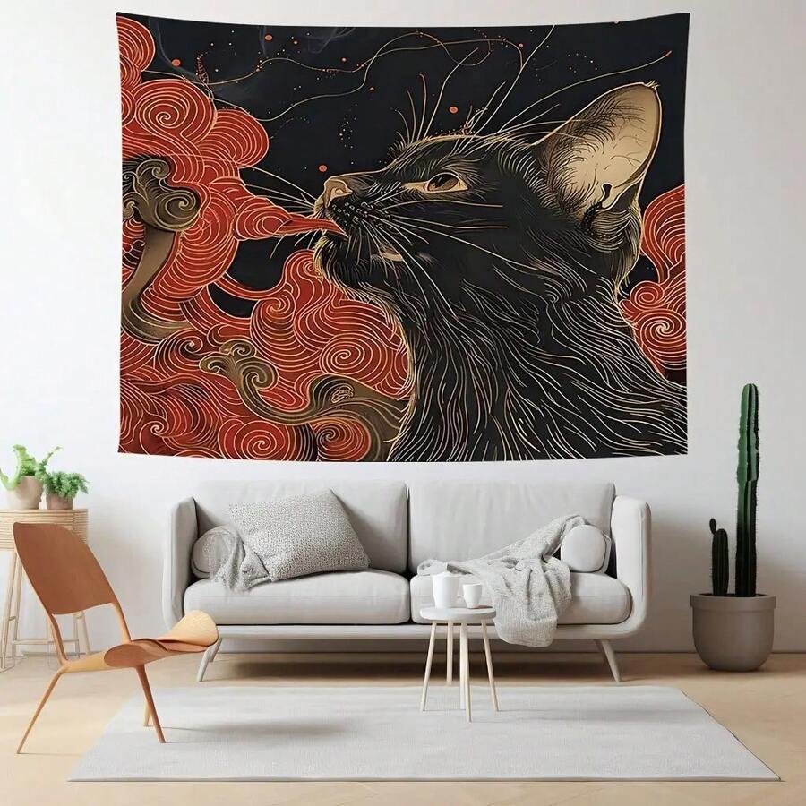 A Tapestry Featuring An Asian Ukiyo-E Style Cat Amidst Clouds And Waves, Complete With Additions, Perfect For Decorating Walls In Homes, Dorms, Or Bedrooms - 1PC - 查看 1