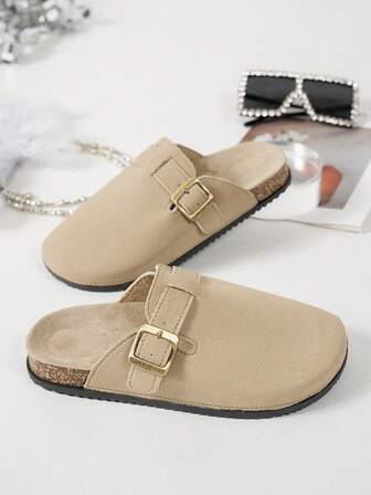 Solid Color Metal Buckle Decor Slip-On Sandals, Thick Sole Comfortable Soft Cork Bottom, Platform Wedge Slide Sandals, Versatile For Outdoor, Commute, Casual, Daily Wear