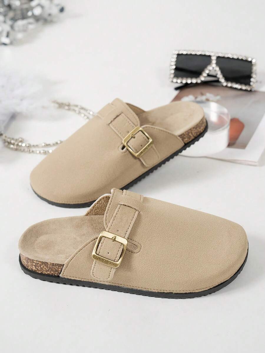 纯色金属搭扣装饰套脚凉鞋，厚底舒适柔软软木鞋底，坡跟凉拖，适合户外、通勤、休闲、日常穿着。 - 卡其色 - 查看 1