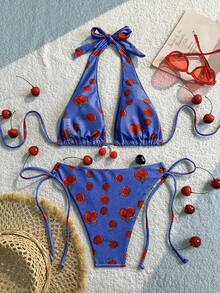 Women's Halter Neck Cherry Print Bikini 2-Pieces Set With Unique Strap Design And 3D Cherry Decorations, Perfect For Beach Vacations, Pool Parties, And Summer Outings.