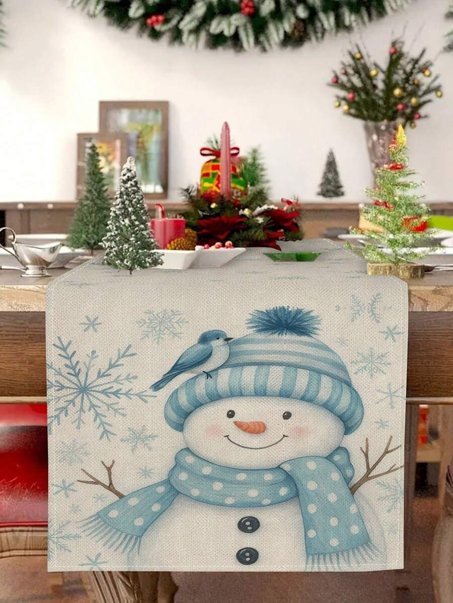 1pc Blue Christmas Snowman Table Runner, Christmas Decorative Table Runner, Christmas Linen-Like Table Runner, Table Runner, Table Runner, 1pc Table Runner, 4pcs Placemats, 1pc Cushion Cover, 3 Products Available, Seasonal Home Decor Indoor & Outdoor Party Supplies For Winter, Christmas Home Decor, Christmas Room Decor, Christmas Party Decorations