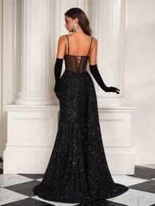 Elisanya Backless Spaghetti Strap Party Dress, Black Fashionable Semi-Sheer High Slit Fishtail Dress - Black - View 2