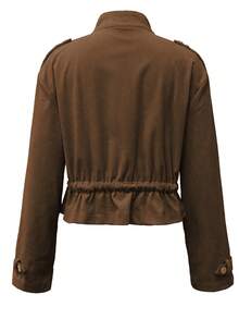 Women's Autumn/Winter New Fashion Corduroy Fabric Zip-Up Jacket With Button Closure And Waist Tie Belt