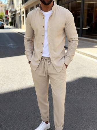Conjunto de moda casual para hombre, camisa de manga larga con cuello alto y cremallera completa en unicolor, combinada con pantalones rectos sueltos con cordón, traje esencial de 2 piezas, ropa de otoño