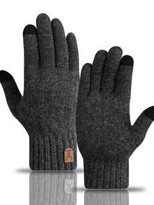 1 Pair Men's Black Thickened Touchscreen Gloves With Thermal Lining, Warm Full Finger Knitted Gloves For Cold Weather, Casual Minimalist Style Suitable For Party, Dining, Driving And Daily Use Snow Gloves