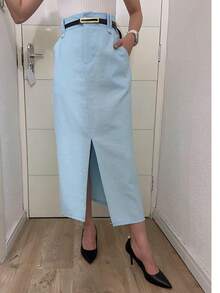 Midi Skirt With Belt High Waist Slit - Baby Blue - View 2