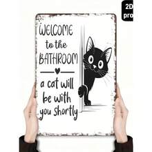 2D flache vintage schwarz-weiße Katzen Wandkunst - "Willkommen im Badezimmer" Lustiges Metallschild - Retro Katzen Design Badezimmer Dekoration - aus Metall gefertigte Metallplakette 32,5 cm