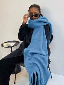 1件装女士蓬松长款冬季围巾，保暖颈部围脖，黑色超大加厚流苏披肩/毯子围巾，加厚针织流苏披肩，红色纯色围巾 - HM05-天藍 - 查看 3