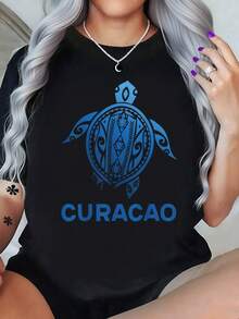 Curacao Tattoo Blue Sea Souvenirs-Shirt% Cotton Black Art Crew Neck Unisex-Shirt Women And Men - 黑色 - 查看 1