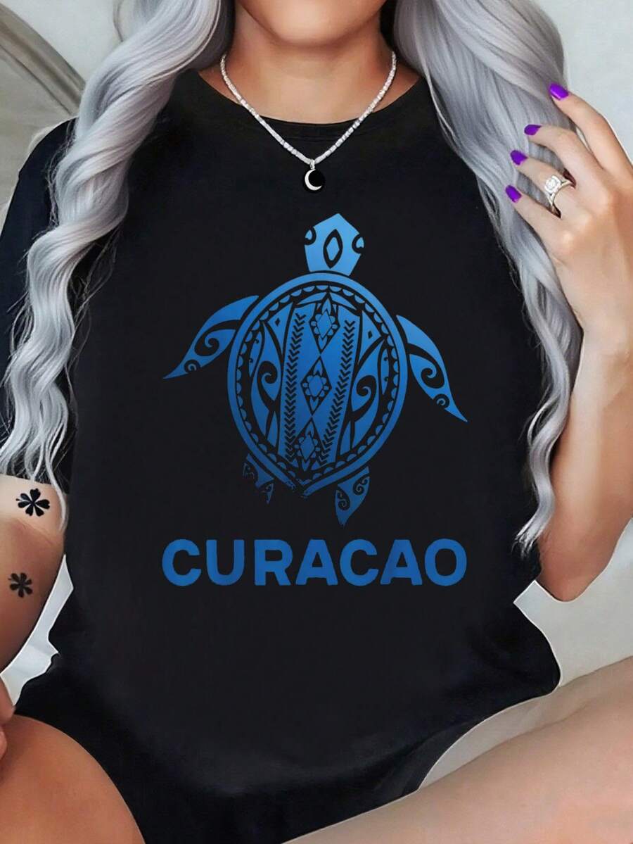 Curacao Tattoo Blue Sea Souvenirs-Shirt% Cotton Black Art Crew Neck Unisex-Shirt Women And Men - 黑色 - 查看 1