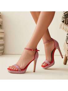 lunryet Women's Sparkly Rhinestone Platform High Heel Sandals - Open Toe Stiletto Heel Dress Shoes For Party Wedding Club Night NIA-1 - 紅色 - 查看 8