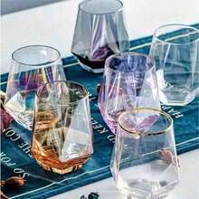Juego de 1/2 vasos de lujo de colores, estilo nórdico, de vidrio de colores mixtos con borde dorado, vaso de agua, jugo, té, leche y café transparente hexagonal y creativo, regalo