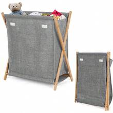 Cesto Ropa Sucia de con Tapa, Refuerzo Tornillo, Cesto para Colada Plegable de Bambú, Cesto para Ropa Sucia 75L con Capacidad Extra Grande Asas, Canasta de Lavandería Algodón Respirable,Gris - 1 - Ver 1