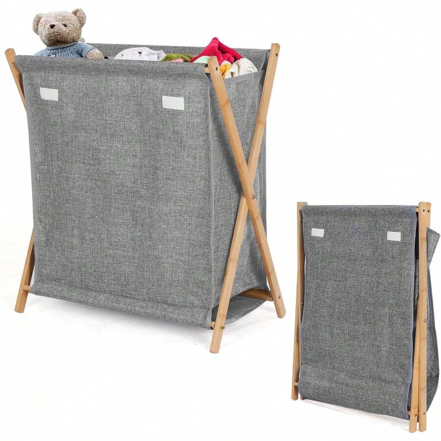 Cesto Ropa Sucia de con Tapa, Refuerzo Tornillo, Cesto para Colada Plegable de Bambú, Cesto para Ropa Sucia 75L con Capacidad Extra Grande Asas, Canasta de Lavandería Algodón Respirable,Gris - 1 - Ver 1