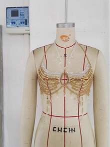 Glossmoon Nuevas Cuentas Coloridas Piedra Preciosa Artesanía Pesada Sexy Chica Caliente Top de Tirantes Chaleco Cadena de Pecho Bikini Club Nocturno Playa Joyería de Bikini - Marrón - Ver 5