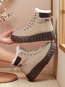 1 par de botas de caña alta con forro térmico, suela gruesa, estilo casual y cálido para la calle, adecuado para adolescentes en actividades al aire libre, moda minimalista