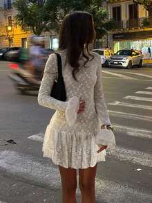 女士时尚优雅性感蕾丝薄纱长袖连衣裙，春夏款 - 杏色 - 查看 3