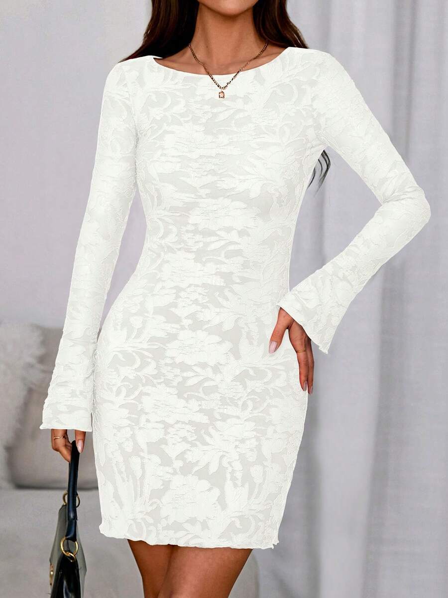PRETTYGARDEN Women's Spring And Fall Fashion Floral Long Sleeve Mini Dress Mesh Bodycon Short Party Date Night Going Out Dresses Dhristmas New Years Valentine Vacation Dresses For Women - 白色針織提花 - 查看 1
