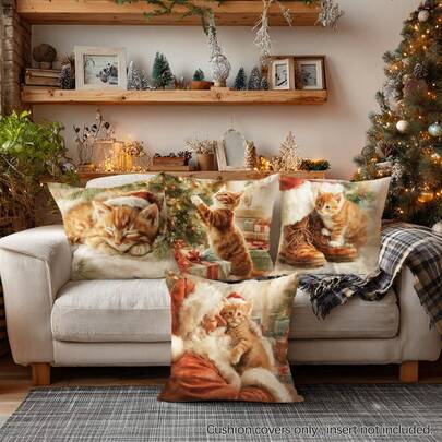 4 Stücke Weihnachtskissenbezüge mit süßem Katzen- und Weihnachtsmann-Malmuster [ohne Kissenfüllung], 45 x 45 cm (17,7 x 17,7 Zoll), [einseitiger Druck] Frohe Weihnachten, Polyester-Kissenbezüge, Weihnachtsdekor, Raumdekor, Heimdekor, Schlafzimmerdekor, Raumdekoration für Sofa, Wohnzimmer, Schlafzimmer, Auto, Büro, Hotel, Airbnb, tolles Weihnachtsgeschenk für Familie und Freunde
