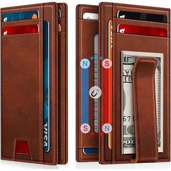 Wallet For Men - RFID Blocking Bifold Minimalist Small Wallet Slim Leather Slots With Front Pocket  Clip Credit Thin Card Case Holder 14-16 Cards With ID Window , Light Brown