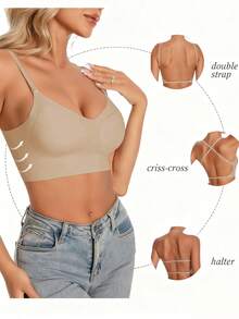 女士露背无肩带文胸，夏季无缝文胸，新娘文胸，新娘内衣，3种肩带可选，透气，肩带可调节，轻盈舒适，适合婚礼、正式礼服、吊带裙，A/B罩杯 - 摩卡棕 - 查看 10