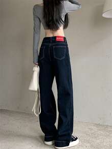 Navy Blue Versatile Straight Leg Jeans With Pockets, Ankle Length Pants For Women