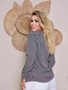 Women's Striped And Plain Premium Crepe Dress Shirt | Elegant And Comfortable Blouse - 黑色 - 查看 2