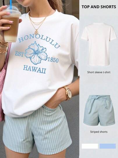 2pcs Conjunto dos piezas de ropa de mujer de verano  parte superior estampado Honolulu Hawaii  manga corta y shorts a rayas ajustables, ropa de ocio y vacaciones de playa