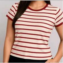 Babe Look Striped Round Neck Basic T-Shirt Premium  Summer Fashion - Red - View 4