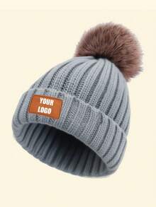 Personalized Kids Knitted Beanie Hat With Single Pom Pom, Multi-Color Options, Leather Label For Engraving, Suitable For Older Children, Winter Outings, Family Gatherings, Etc.