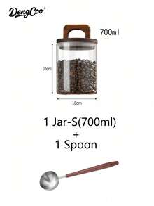Dengcoo 1Pc Coffee Bean Storage Jar, Glass Sealed Jar, Wooden Lid Storage Jar, Food Storage Box, Spice Jar, Storage Box, Coffee Powder Display Jar & Display Bottle, Tea Jar, Jar For Tea, Coffee & Sugar, Kitchen Storage Box, Suitable For Saudi National Day Use, Kitchen Storage And Home Organization
