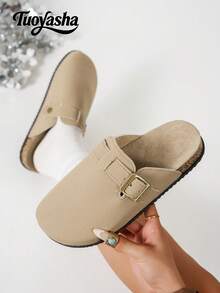 纯色金属搭扣装饰套脚凉鞋，厚底舒适柔软软木鞋底，坡跟凉拖，适合户外、通勤、休闲、日常穿着。 - 卡其色 - 查看 3
