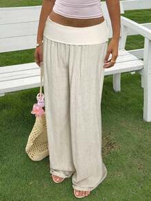 Women Cotton Linen Summer Palazzo Pants Wide Leg Lounge Pants Loose Straight Leg Solid Color Fold Over Low Rise Pants Casual Boho Beach Vacation Trousers Streetwear - 杏色 - 查看 2